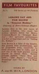 1939 Wix Film Favourites (3rd Series) #5 Laraine Day / Tom Brown Back