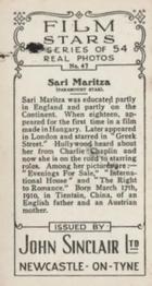 1934 John Sinclair Film Stars #47 Sari Maritza Back