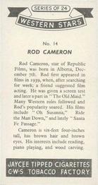 1957 Jaycee Tipped Cigarettes Western Stars #14 Rod Cameron Back