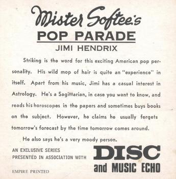 1968 Mister Softee's Pop Parade #NNO Jimi Hendrix Back
