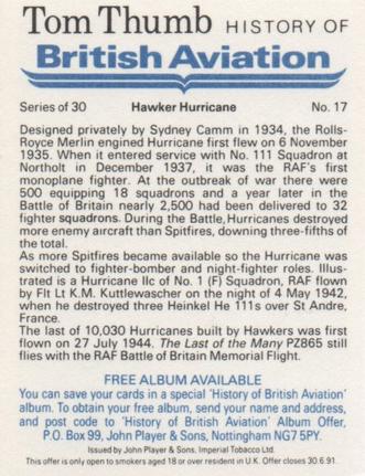 1988 Player's Tom Thumb History of British Aviation #17 Hawker Hurricane Back