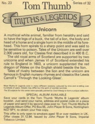 1982 Player's Tom Thumb Myths & Legends #23 Unicorn Back