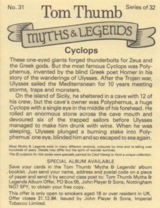 1982 Player's Tom Thumb Myths & Legends #31 Cyclops Back