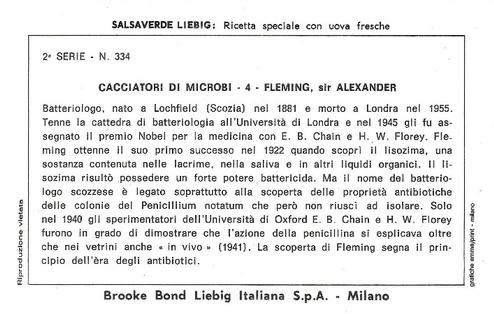 1973 Brooke Bond Liebig Cacciatori di microbi II (The fight against microbes 2) (Italian Text) (F1860, S1859) #4 Sir Alexander Fleming Back