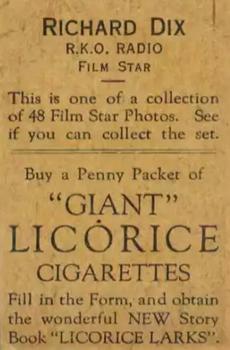 1932 Australian Licorice Film Stars Grey 2nd Series #NNO Richard Dix Back