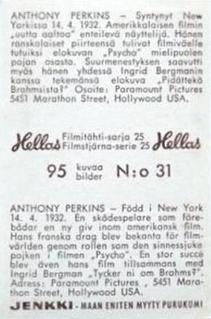 1963 Hellas Filmitahti-sarja 25 #31 Anthony Perkins Back