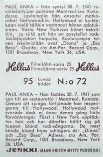 1963 Hellas Filmitahti-sarja 25 #72 Paul Anka Back