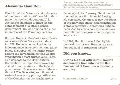 1994-01 Grolier Story of America Cards #31.1 Alexander Hamilton Back