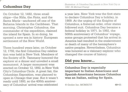1994-01 Grolier Story of America #48.11 Columbus Day Back