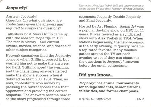 1994-01 Grolier Story of America Cards #82.13 Jeopardy! Back