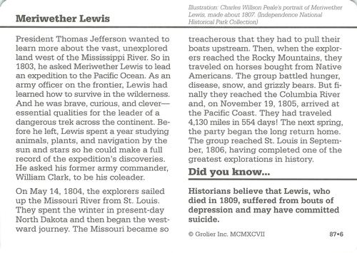 1994-01 Grolier Story of America Cards #87.6 Meriwether Lewis Back