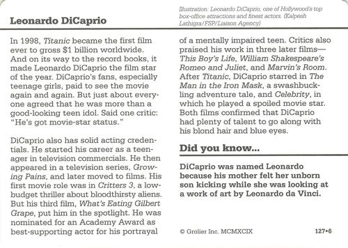 1994-01 Grolier Story of America #127.6 Leonardo DiCaprio Back