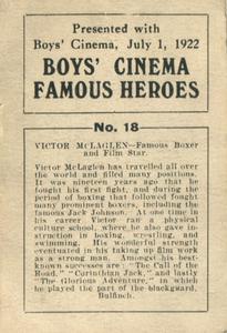 1922 Boys' Cinema Famous Heroes #18 Victor McLaglen Back