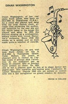 1959 Maple Leafs Gum Sax Set (V417) #44. DINAH WASHINGTON Back