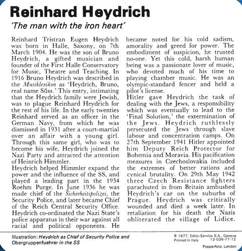 1977 Edito-Service World War II - Deck 77 #13-036-77-12 Reinhard Heydrich Back