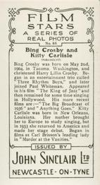 1937 John Sinclair Film Stars #86 Bing Crosby / Kitty Carlisle Back
