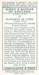 1991 Imperial Tobacco Co.1935 Player's Kings & Queens of England (reprint) #20 Elizabeth of York Back
