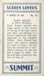 1938 Summit Screen Lovers #32 Ruby Keeler / Dick Powell Back