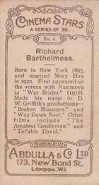 1930 Abdulla Cinema Stars (Brown) #4 Richard Barthelmess Back