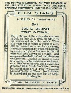 1934 Player's Film Stars (Large) #6 Joe E. Brown Back