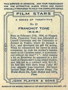 1934 Player's Film Stars (Large) #23 Franchot Tone Back