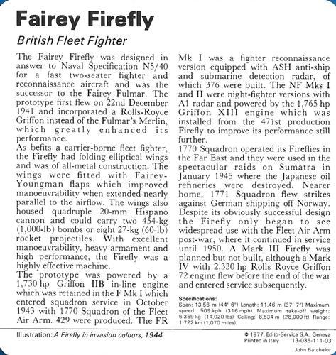 1977 Edito-Service World War II - Deck 111 #13-036-111-03 Fairey Firefly Back