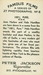 1934 Peter Jackson Famous Films #8 Jean Harlow / Hale Hamilton Back