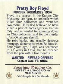 1998 Lone Star Printing Co. 1933-34 Public Enemies #NNO Pretty Boy Floyd Back