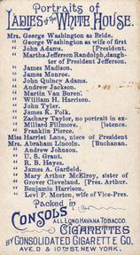 1889 Consolidated Cigarette Co. Ladies of the White House (N353) #NNO Harriet Lane Johnston Back