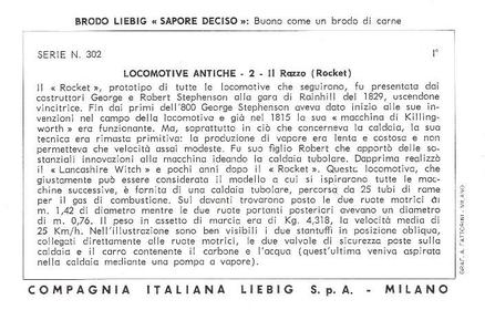 1968 Liebig Locomotive antiche - Locomotives from 1815-1872 (Italian Text)(F1827, S1830) #2 Il Razzo (Rocket) Back