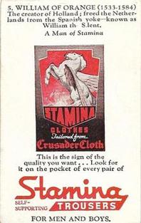 1950 Stamina Clothes Men of Stamina Series No. 4 #5 William of Orange Back