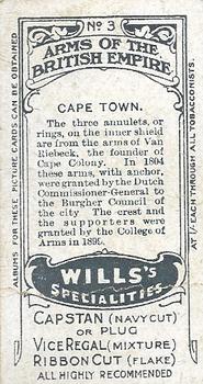 1910 Wills's Specialties Arms of the British Empire #3 Cape Town Back