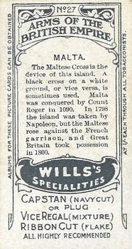 1910 Wills's Specialties Arms of the British Empire #27 Malta Back