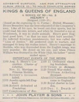 1935 Player's Kings & Queens of England (Large) #3 Henry I Back
