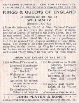 1935 Player's Kings & Queens of England (Large) #44 William IV Back