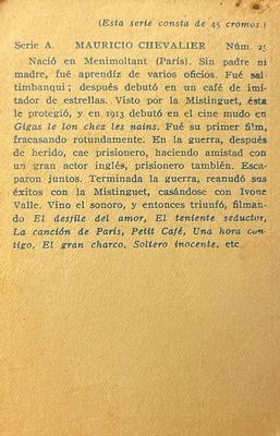 1932 Artistas De Cine Sonoro #25 Maurice Chevalier Back