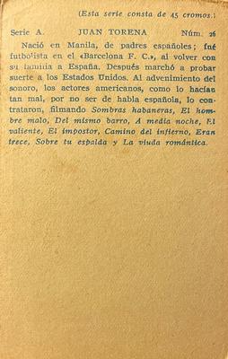 1932 Artistas De Cine Sonoro #26 Juan Torena Back
