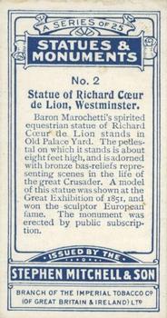1914 Mitchell's Statues & Monuments #2 Statue of Richard Cœur de Lion, Westminster Back