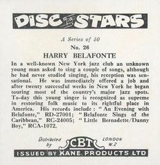 1959 Kane Products Disc Stars - Smaller Format #26 Harry Belafonte Back