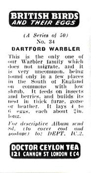 1960 Harden Doctor Ceylon Tea British Birds and Their Eggs #34 Dartford Warbler Back