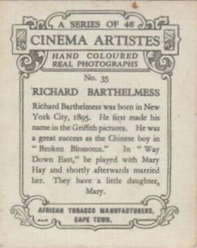 1927 African Tobacco Cinema Artistes #35 Richard Barthelmess Back