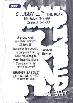1999 Clubby I and II Beanie / Buddy Gold Cards #9991 Clubby II Beanie Baby Back
