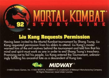 1994 Classic Mortal Kombat Series 1 #92 Liu Kang Requests Permission Back
