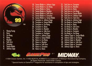 1994 Classic Mortal Kombat Series 1 #99 Mortal Kombat Checklist 1-50 Back