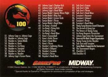 1994 Classic Mortal Kombat Series 1 #100 Mortal Kombat Checklist 51-100 Back