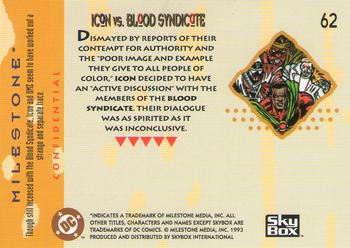 1993 SkyBox Milestone: The Dakota Universe #62 Icon vs. Blood Syndicate Back