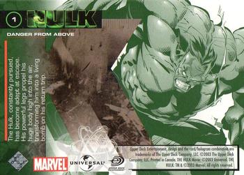 2003 Upper Deck The Hulk Film and Comic #1 Danger from Above Back
