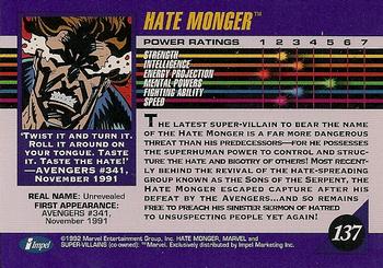 1992 Impel Marvel Universe #137 Hate-Monger Back