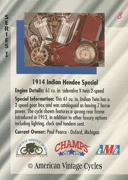 1992-93 Champs American Vintage Cycles #8 1914 Indian Hendee Special Back