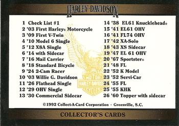 1992-93 Collect-A-Card Harley Davidson #1 Checklist Card #1: 1-50 Front